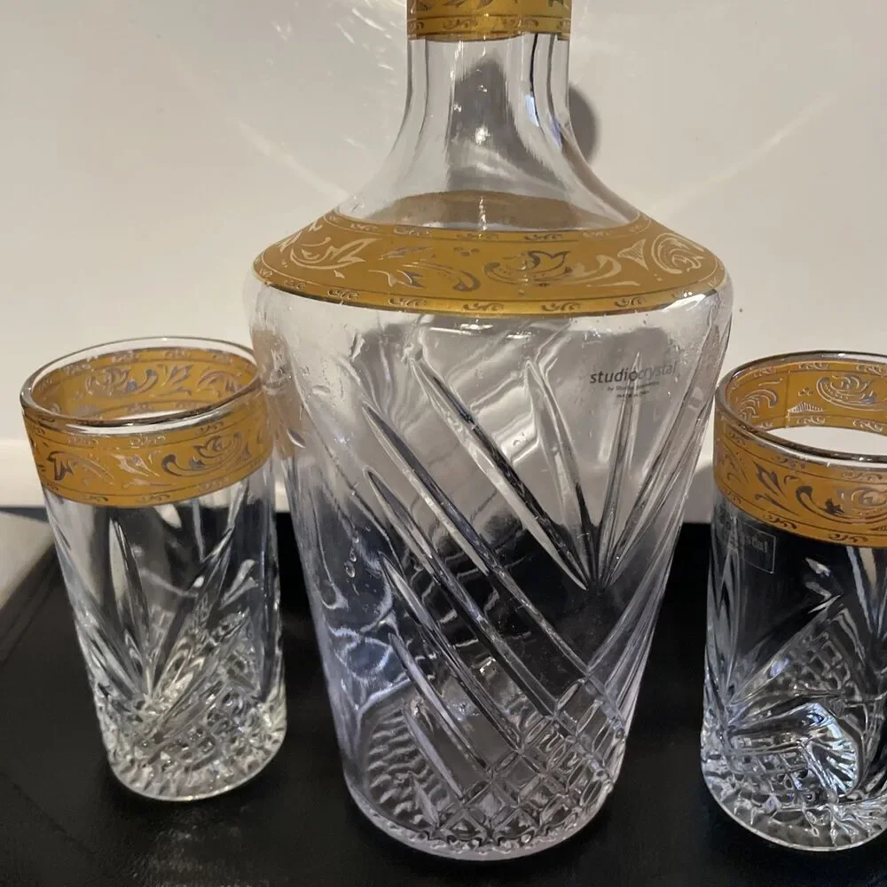 Vintage Studio Crystal By Studio Silversmiths Barware 3 peice Set‎
